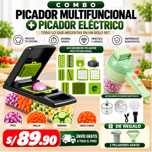 COMBO COCINA (PICADOR MULTIFUNCIONAL + PICADOR ELECTRICO) + 2 PELADORES + ENVIO GRATIS