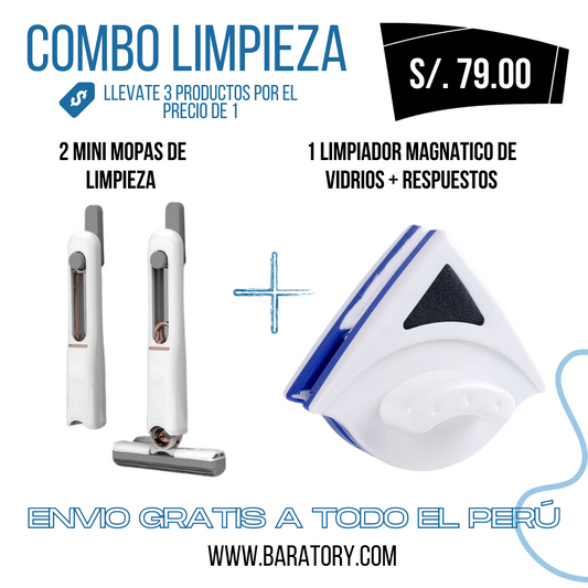 COMBO LIMPIEZA (1 LIMPIADOR MAGENTICO DE VIDRIOS + 2 MOPAS DE LIMPIEZA)